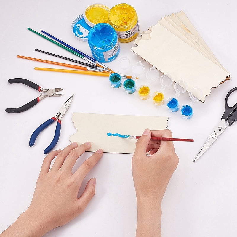 DIY Colored Drawing Wood Crafts with Wood Cabochons Plastic Art Brushes Pen Value Sets & Empty Paint Palette Mixed Color 178~200x5~7mm for DIY
