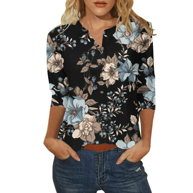 PEZHADA Blouses pour Femmes Manches Longues Mode Trois Quarts Col en V Rétro Imprimé de Pâques Hauts Amples Blouse