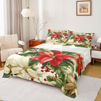 Manfei Green Red Beige Twin Sheet Sets,Merry Christmas Twin Fitted Sheet,Xmas Floral Berry Flat Sheet For Adult,Super Cozy Room Decor,3pcs