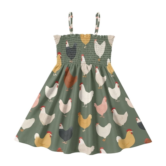 Little Girls Sleeveless Sundress Pleated Ruffle Trim Smocked Top Casual Spaghetti Strap Summer Dress Cute Colorful Chickens Pattern 2Y
