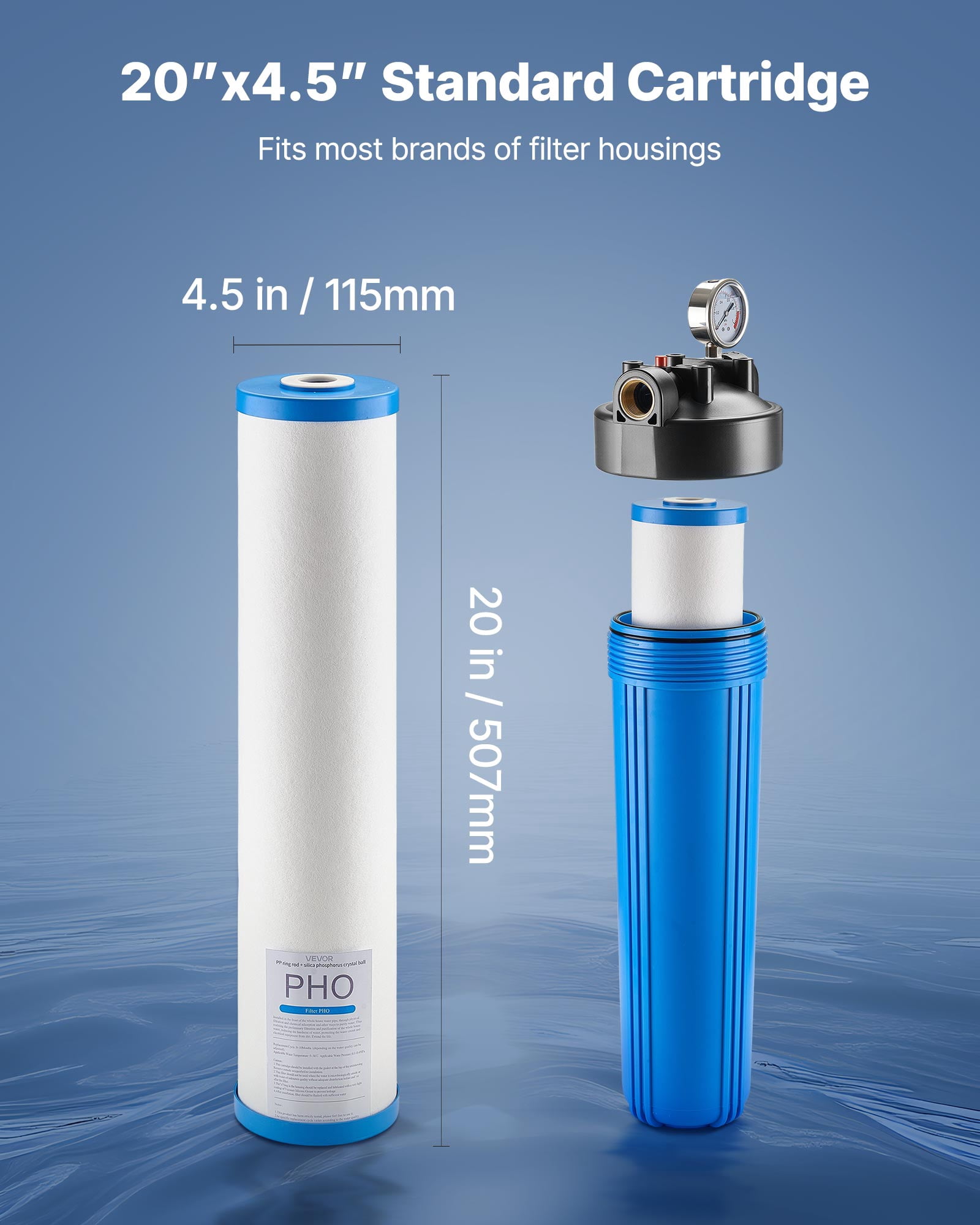 VEVOR Whole House Water Filter Replacement Cartridge, 4.5" x 20" Polyphosphate Scale Inhibitor Filter for Whole Home Water Filtration System, Reduce Chlorine, Taste, Odor, Prevent Corrosion