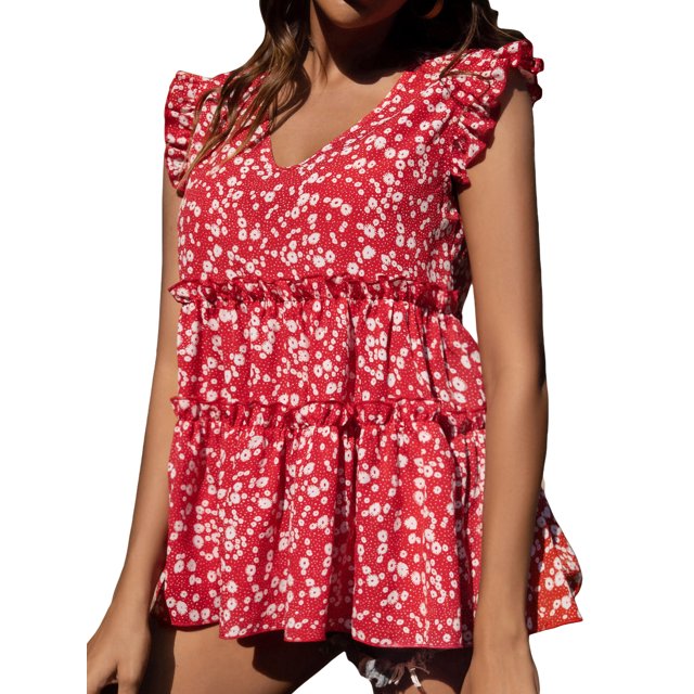 SAYOO - Chaleco holgado con volantes y plisado con cuello en V para mujer, informal, sin mangas, a la moda SAYOO Estilo de ocio