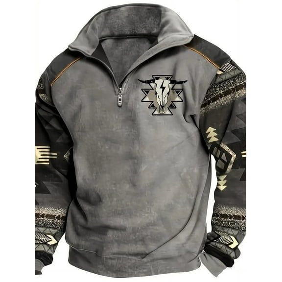 Men's Vintage Bull Head Half-Zip Sweatshirt - Unique Design for a Bold, Stylish Look,L,grey