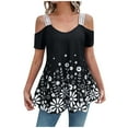 thumbnail image 2 of Wycnly Womens Tops Dressy Casual Going out Fashion Cold Shoulder Flowy Swing Shirts Tunic Summer Short Sleeve Crewneck Tops Floral Print Blouse Black XL, 2 of 5