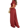thumbnail image 4 of Liher 2 Piece Casual Sets for Women Lounge Tracksuit Wine Red Summer Sweatsuit Set Short Sleeve O Neck Top and Relax Fit Wide Leg Pant Set Clothes Size M, 4 of 4