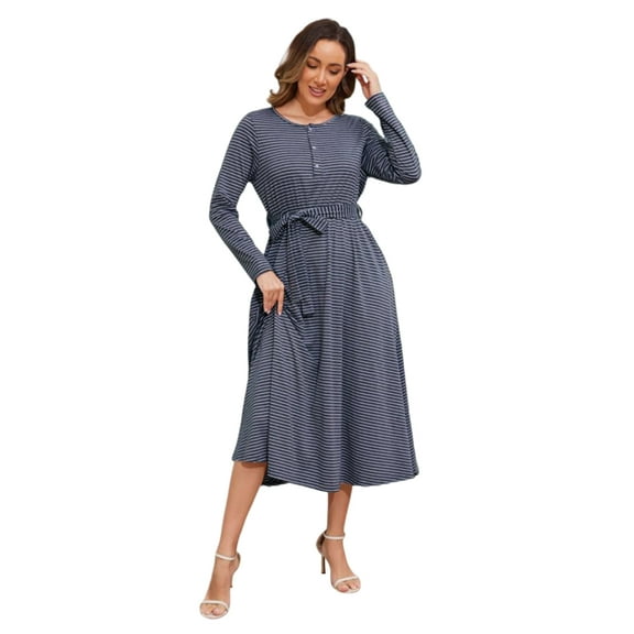Sexy Dance Women's Fall Midi Dress Casual Long Sleeve Striped Dresses Wrap Ruffle Belted A-Line Flowy Maxi Dresses Ladies Cocktail Party Long Dress With Pockets Grey Strips S