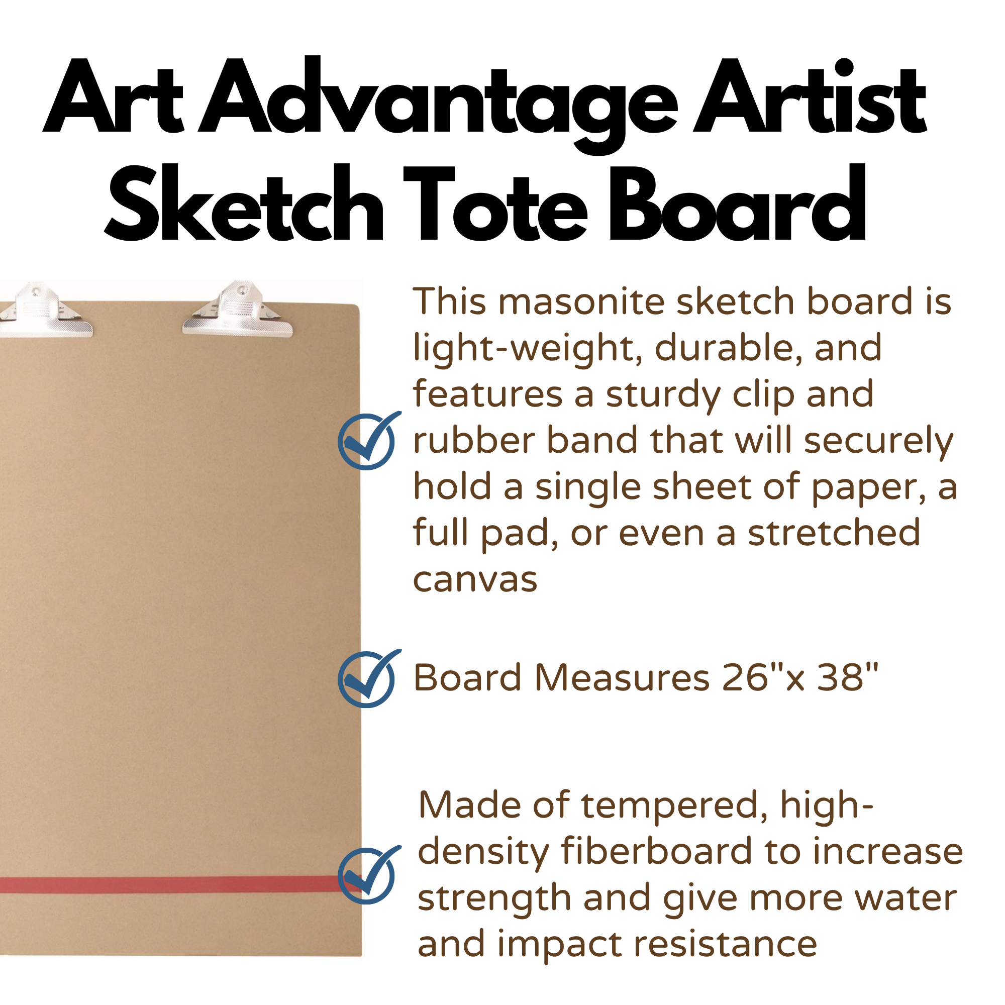 Art Advantage Artist Sketch Tote Board 26 x 38 with handle, clips and  elastic band. Portable, lightweight, Masonite drawing board for class or