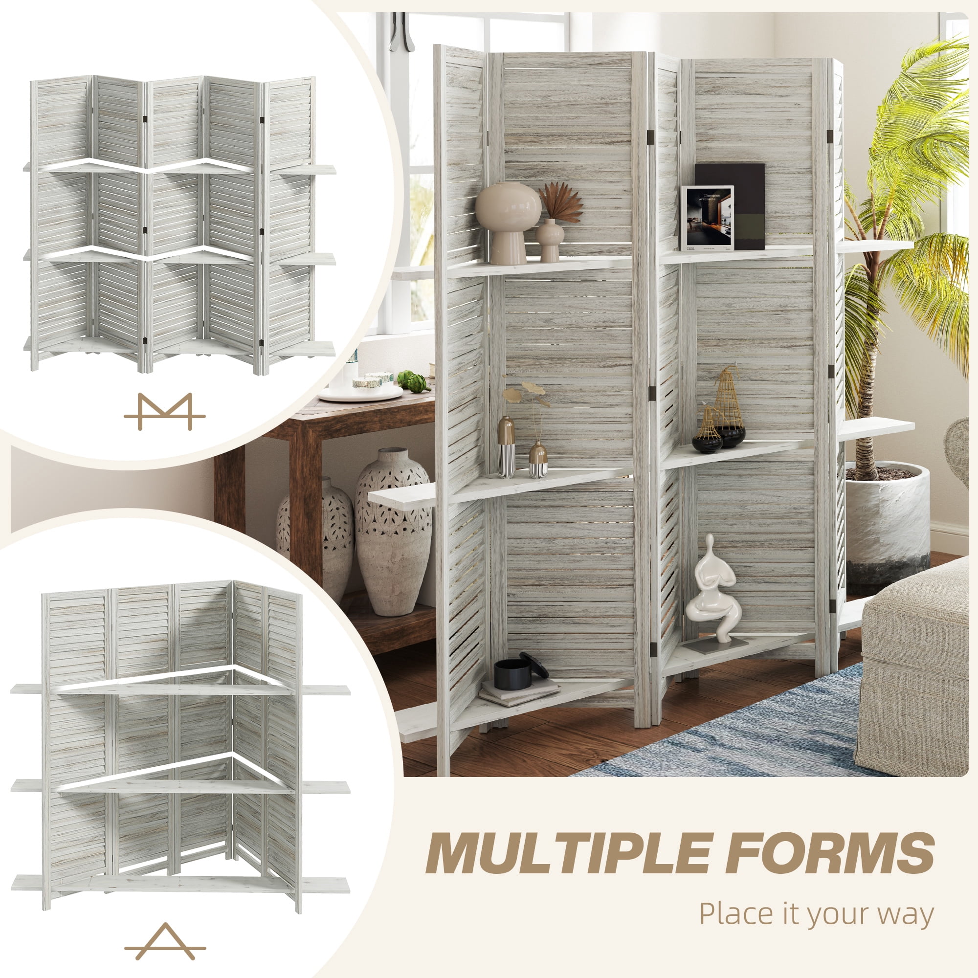 HOMCOM 5 Panel 67" Tall Wood Privacy Screen Room Divider with 3 Display Shelves, and Folding Storage for Bedroom or Home Office, Distressed White