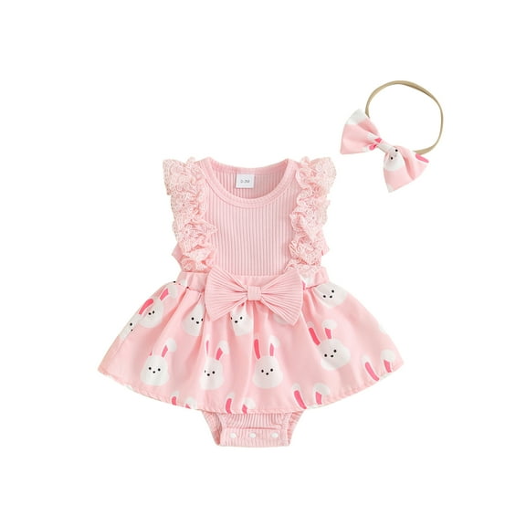 Baby Girl Easter Outfits Floral Bunny Print Romper Dress and Headband Lace Ruffle Sleeveless Bodysuit