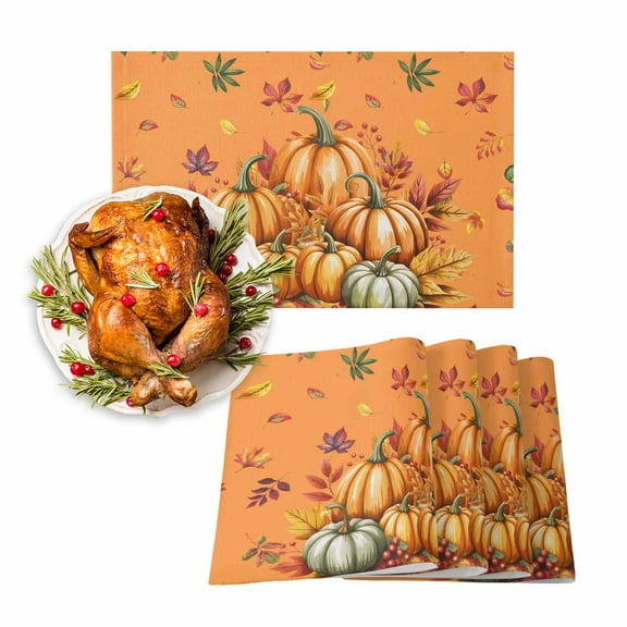 Fall Placemats Set of 6 Orange Pumpkin Place Mats Thanksgiving Placemat Autumn Fallen Maple Leaves Berry Table Mats for Dining Kitchen Table Holiday Dinner Party Home Fall Decorations 13x19 Inch