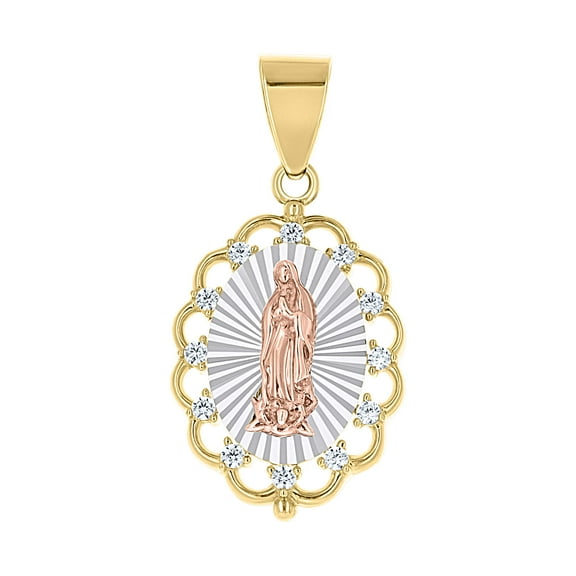 10k Tri-Color Gold Unisex Cubic-Zirconia Guadalupe Religious Pendant