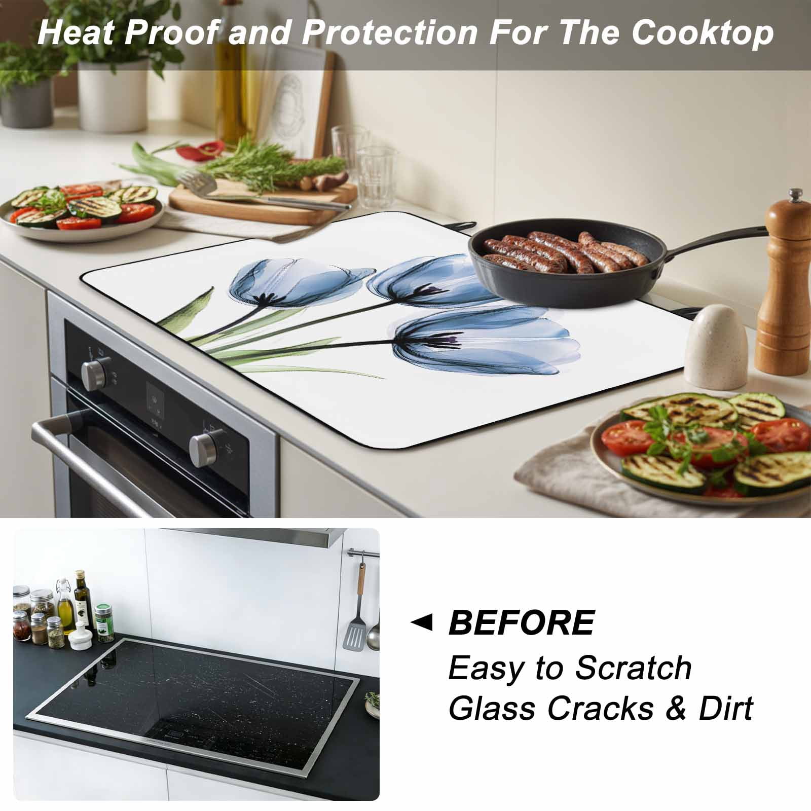 Blue Tulips Stove Top Cover for Electric Stove, Heat-proof & Non Slip Glass Top Stove Cover Protector, Country Retro Aesthetic Floral Flower Kitchen Flat Cooktop Rubber Mat 24x21 Inches
