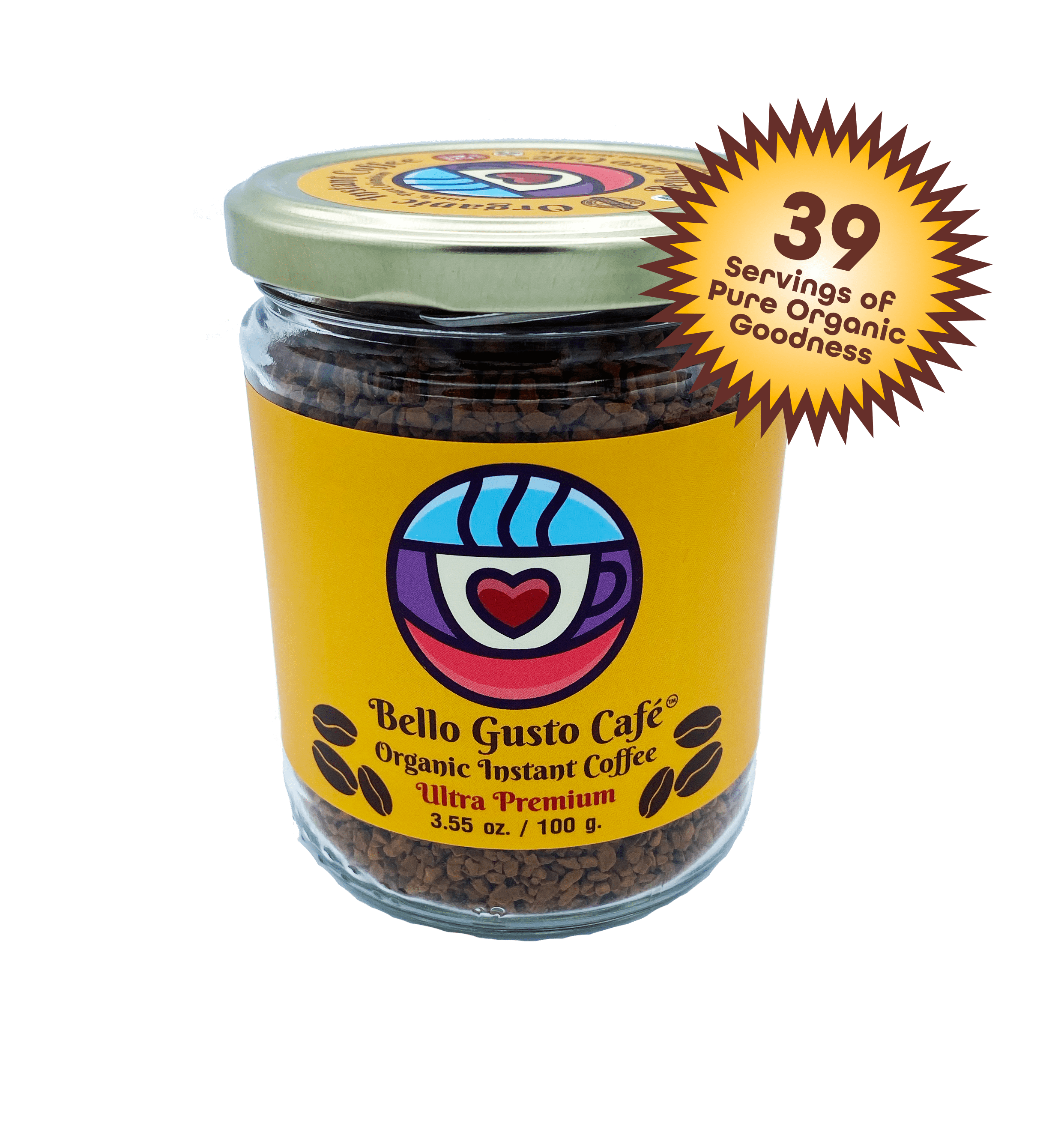 Bello Gusto Cafe Organic Instant Coffee, 100% Colombian, Makes 39 Cups