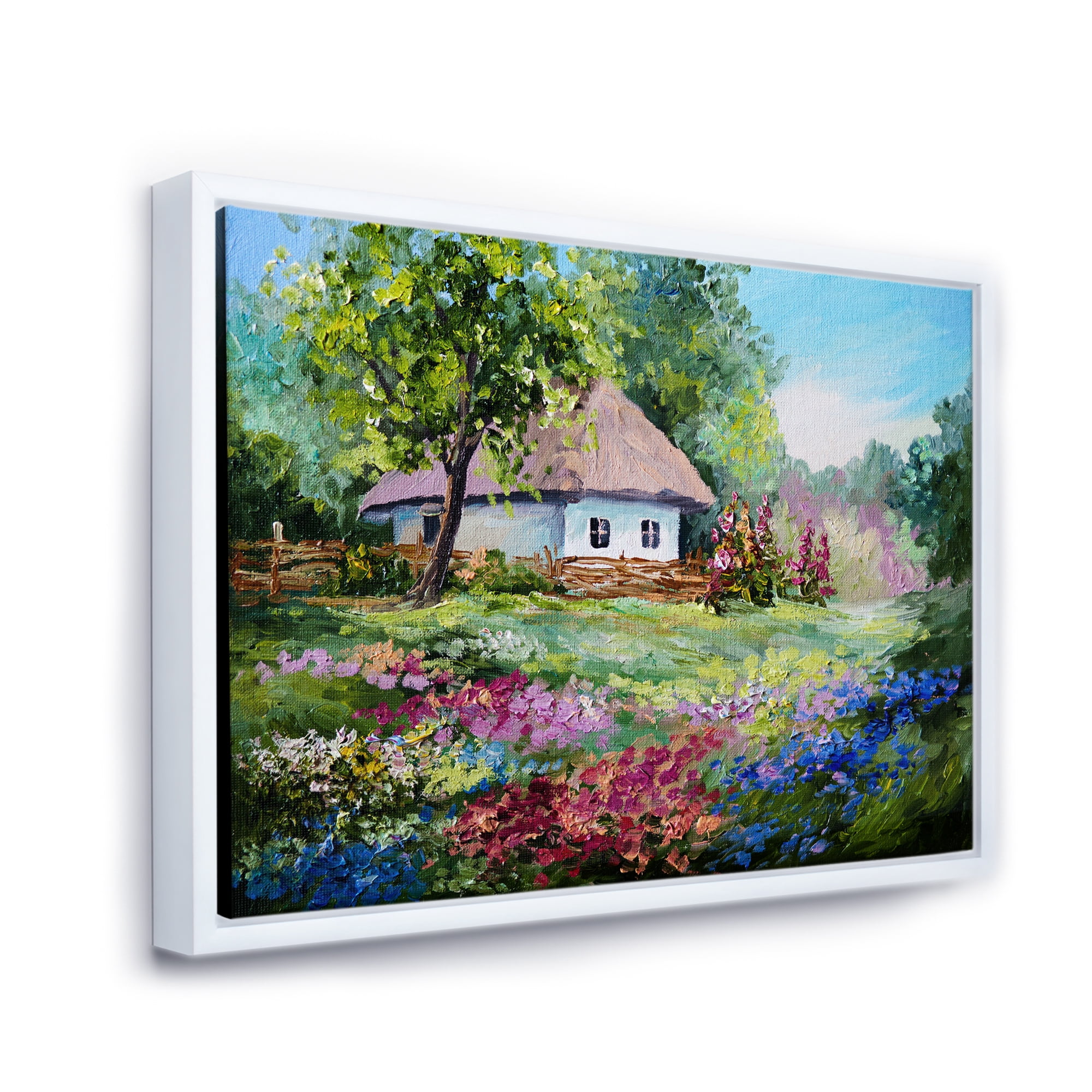 House With Blossoming Flowers On The Mountain I 32 in x 24 in Framed Painting Canvas Art Print, by Designart