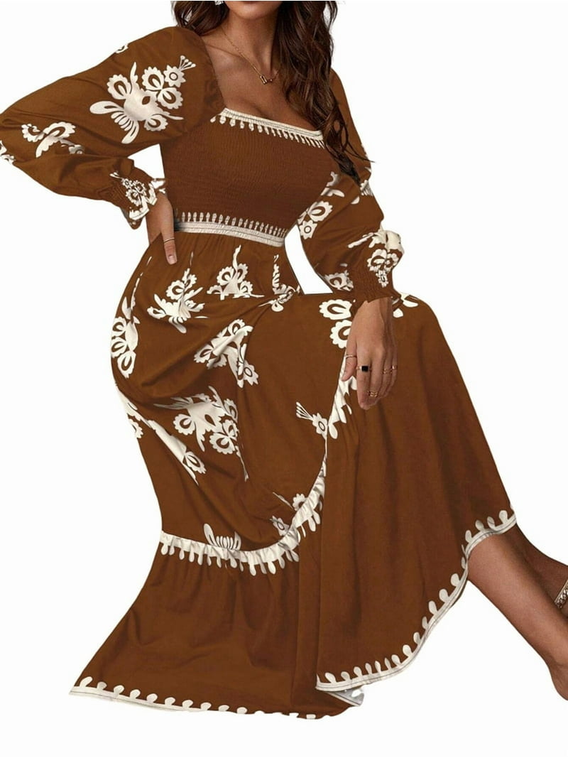 Women'S Autumn Wedding Guest Dress Bohemian Floral Long Sleeve V-Neck  Flowing Elegant Maxi Dress Beachwear Brown M