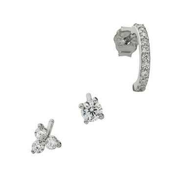 Sterling Silver Triangle, Round with Bar & Round Cubic Zirconia Earrings 3pc Set
