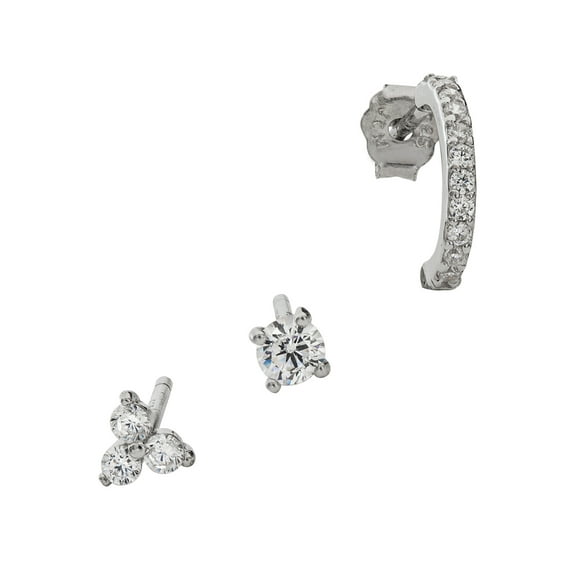 Brilliance Women's Sterling Silver Triangle, Round with Bar & Round Cubic Zirconia Earrings 3pc Set