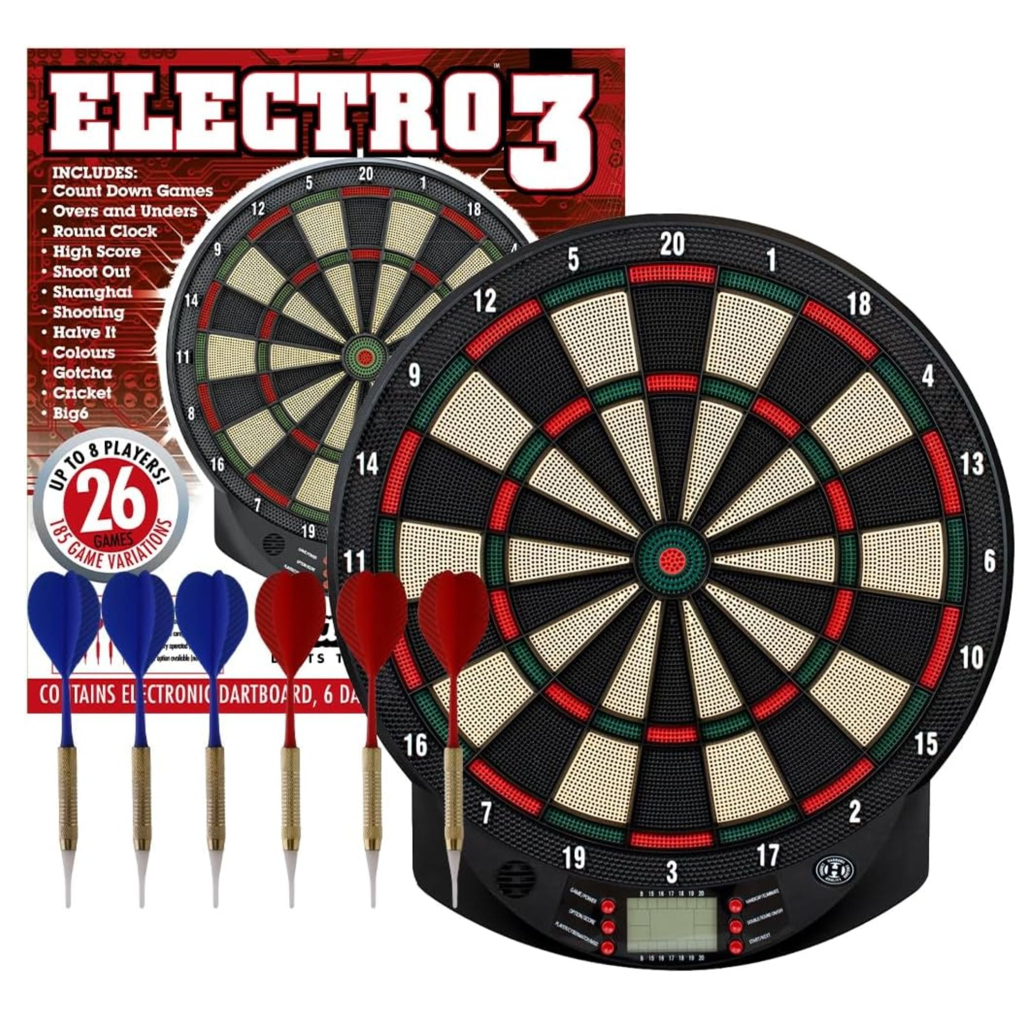 Harrows Electro 3 Soft‑Tip Electronic Dartboard – Indoor Game, Auto‑Scoring, 26 Games/185 Variations, 6 Soft‑Tip Darts, Up to 8 Players.