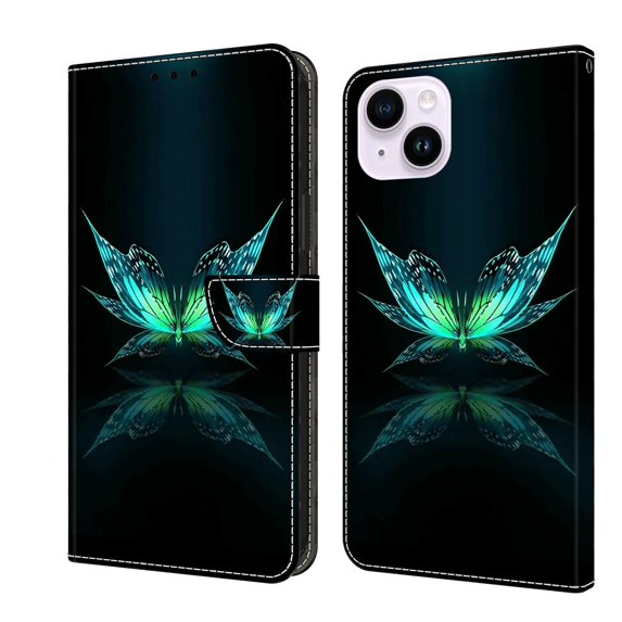 Feishell for iPhone 14 6.1 inch Slim Wallet Case with Fashion Colorful Pattern Painted,Luxury PU Leather Magnetic Flip Stand Card Slots Pocket Phone Case,Reflection Butterfly