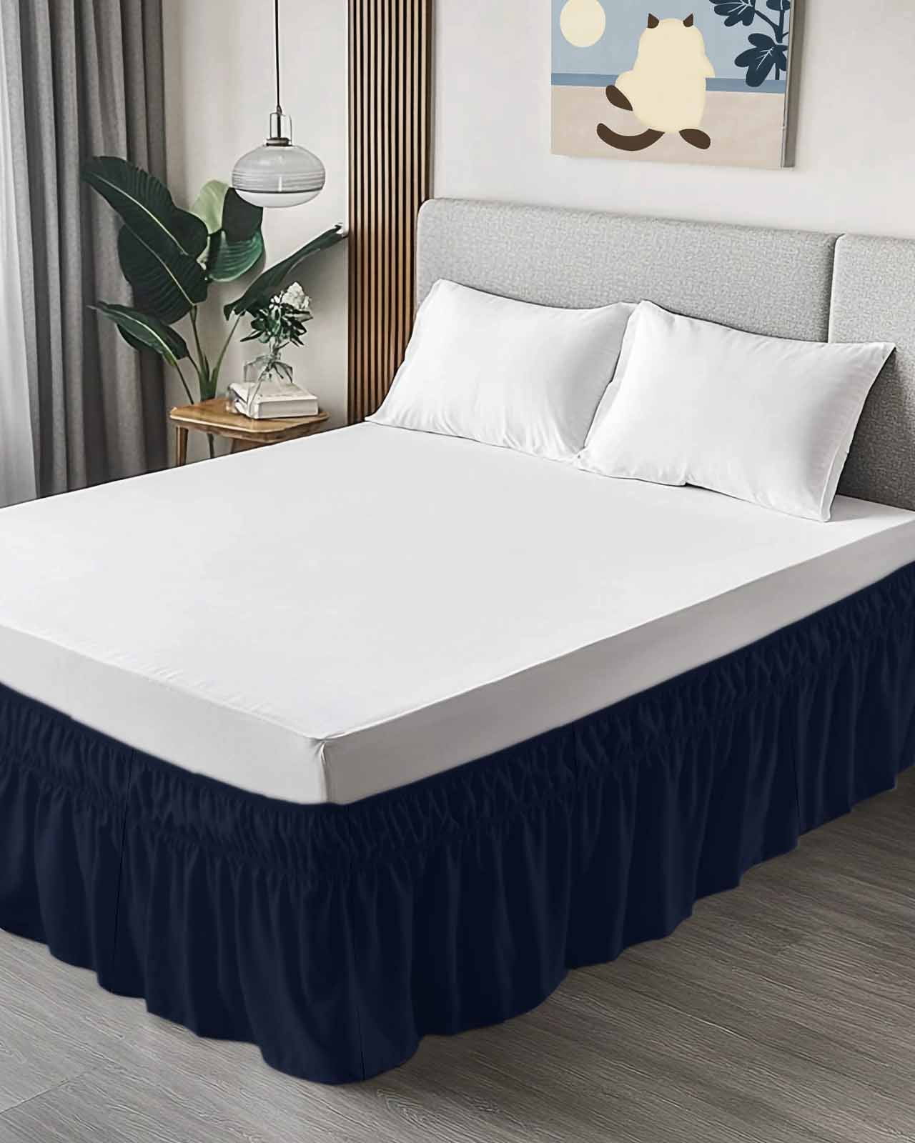 Solid Color Bed Skirt Dark Blue Bed Skirts Queen Size 18 Inch Drop, Wrap Around Dust Ruffle&nbsp;Bedskirt with Adjustable Elastic Belt for Queen Size Beds