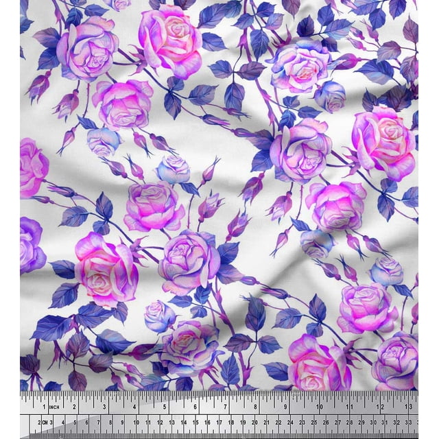 Soimoi Moss Georgette Fabric Leaves & Rose Flower Decor Fabric Printed Yard 42 Inch Wide
