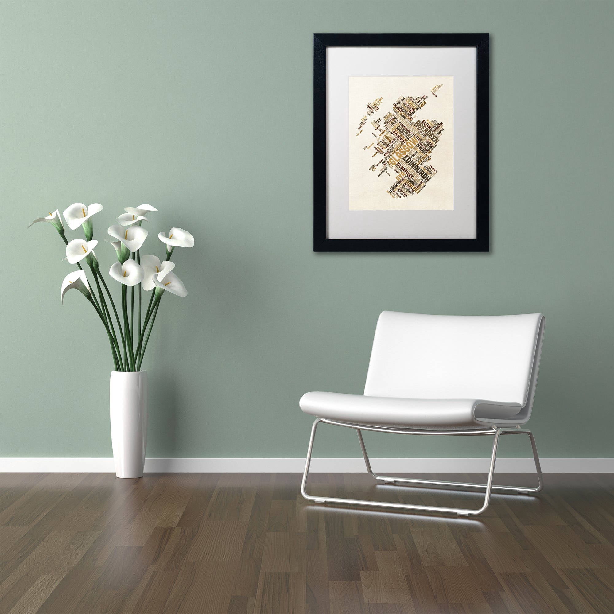 Trademark Fine Art "Scotland Typography Text Map 6" Canvas Art by Michael Tompsett, White Matte, Black Frame