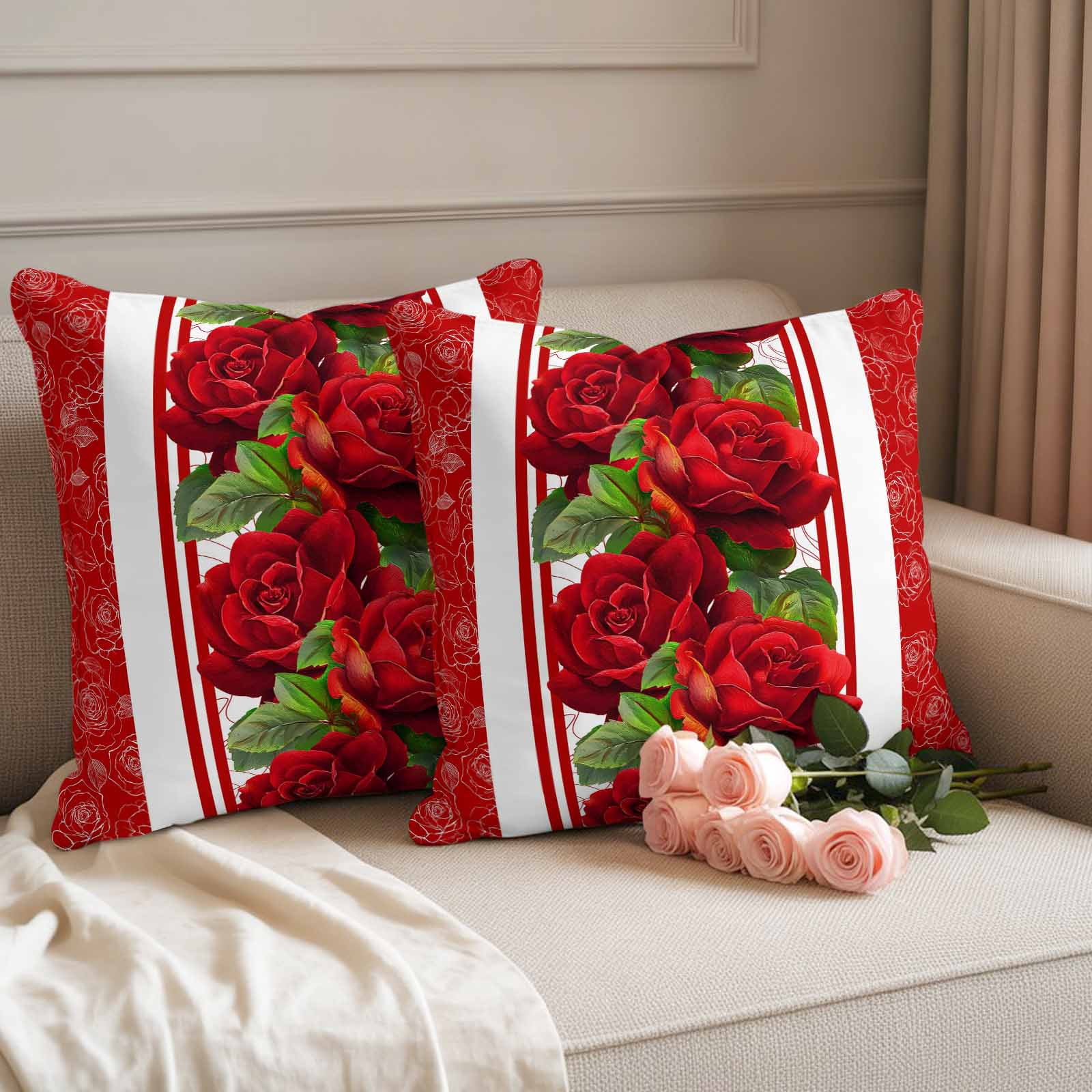 Valentine's Day Outdoor Waterproof Pillow Covers, Red Roses Floral Romantic Striped Decorative Square Throw Pillowcase Sofa Cushion Sham for Patio/Couch/Chair, 20"x20" 2 Pack