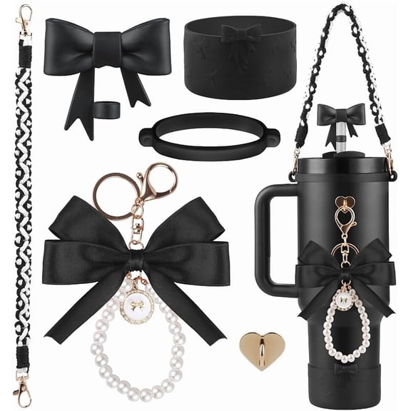 for Stanley Cup Accessories Set,Water Bottle Handle Strap, Siliocne Boot, Pink Straw Cover, Heart Charms, Straw Topper for Stanley Cup 40oz & 30oz Tumbler 8 Pcs