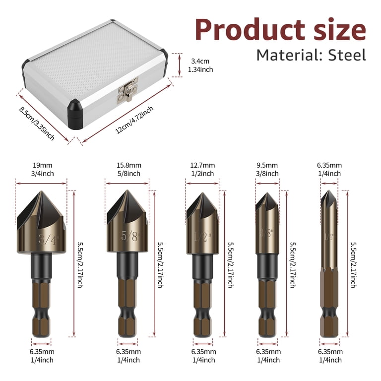 5-Piece Countersink Drill Bit Set – 1/4 To 3/4 Inch, 82° Pointed Tip, Hex Shank For Wood, Plastic, Fiberglass & Mild Steel