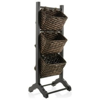 3-Tier Floor Stand with Water Hyacinth Storage Baskets, Black/Espresso - Standing Organizer Rack for Bathroom, Kitchen, Laundry, Living Room