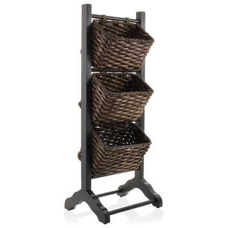 3-Tier Floor Stand with Water Hyacinth Storage Baskets, Black/Espresso - Standing Organizer Rack for Bathroom, Kitchen, Laundry, Living Room