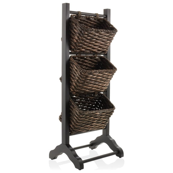 3-Tier Floor Stand with Water Hyacinth Storage Baskets, Black/Espresso - Standing Organizer Rack for Bathroom, Kitchen, Laundry, Living Room