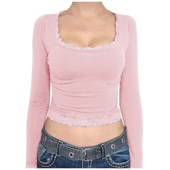 HUITKMM Long Sleeve T Shirt Women Spring and Autumn U Neck Lace Bow Tie Slim Fit Long Sleeve T Shirt for Women Stylish Layering Top