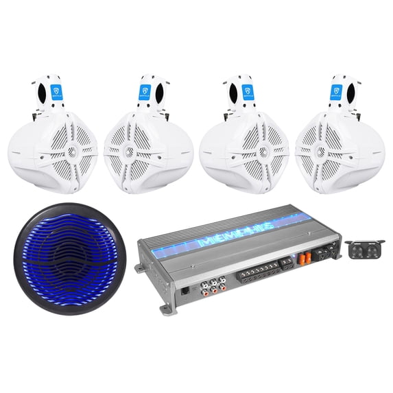 (4) Rockville 6.5" White Wakeboard Speakers+10" Free Air Sub+Memphis Amplifier