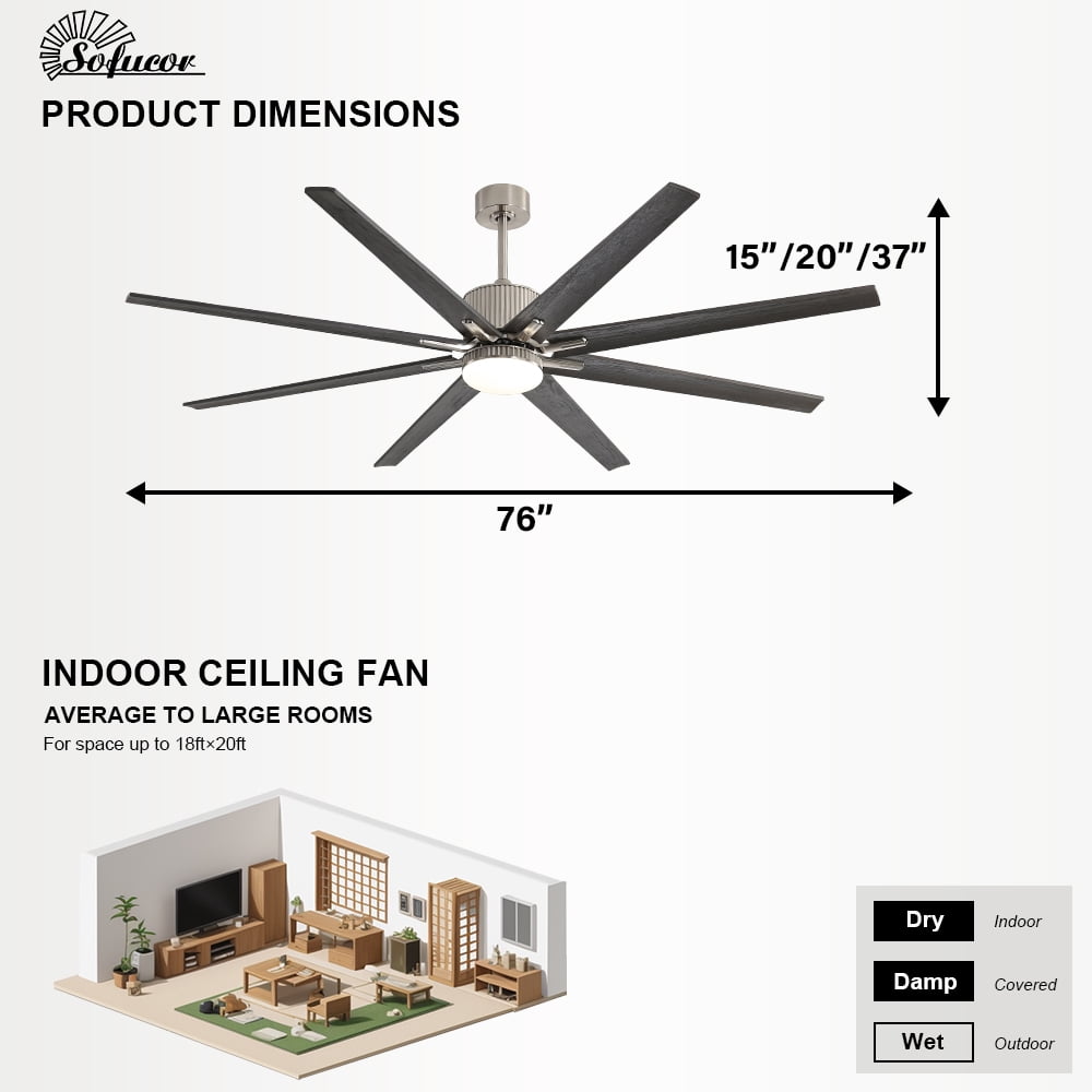 Sofucor 76 Inch Large Industrial Ceiling Fan with Light, Smart Fan with Remote & APP Control, Compatible with Alexa Google, Solid Wood 8 Blade, 3 Downrod