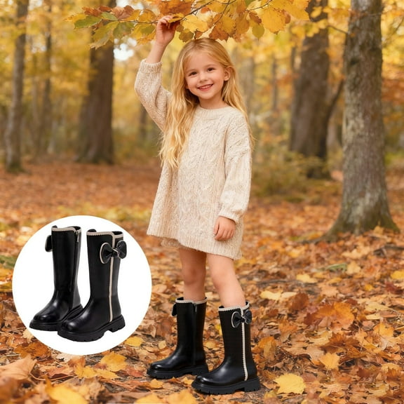FUZHIQ Girls Lace Up Riding Boots Mid Calf Combat Boots Side Zipper Punk Goth Boot Fall Winter Shoes with Comfort Heel Black for 10.5-11 Years