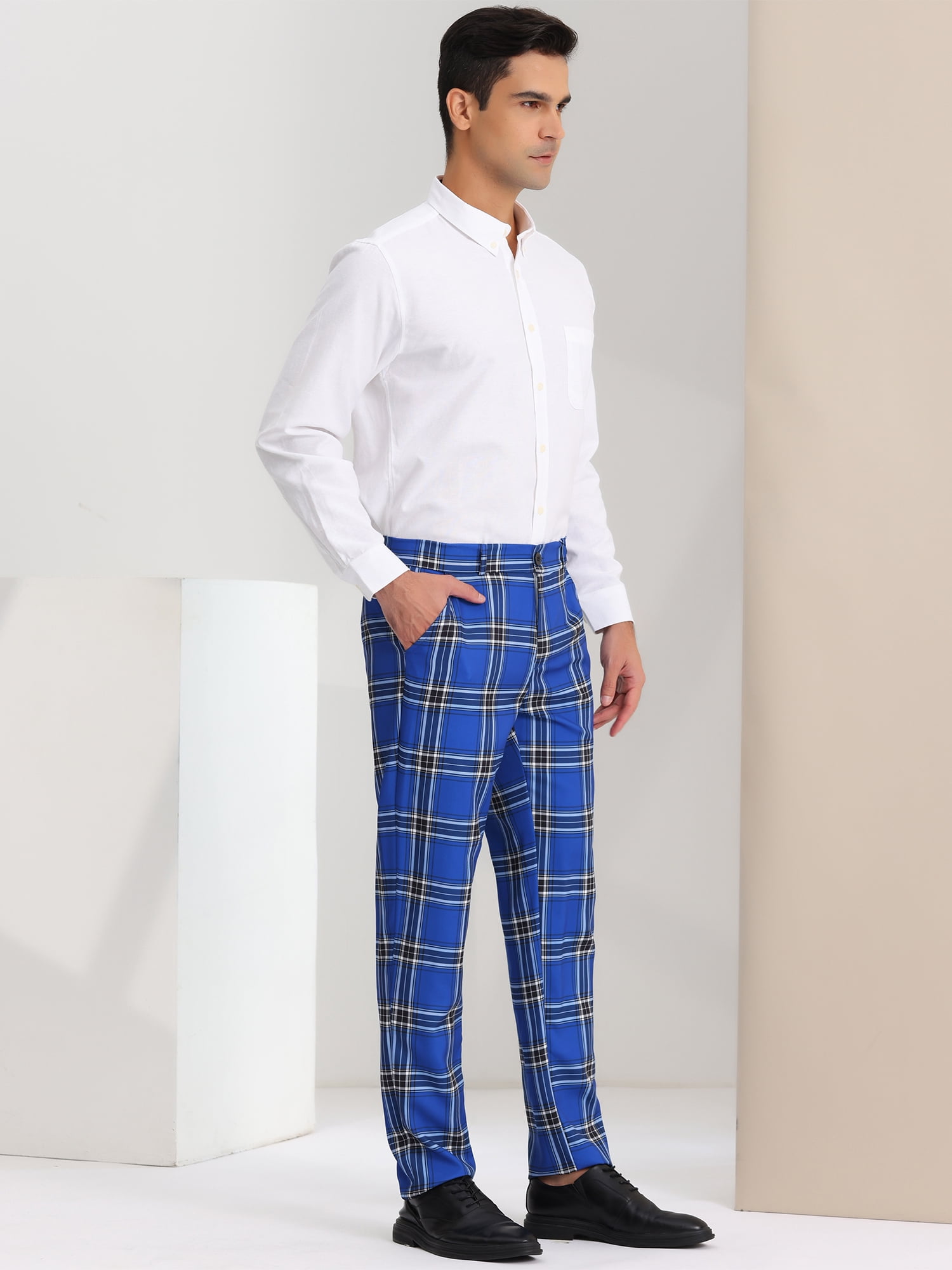 Unique Bargains Men's Dress Pants Casual Flat Front Stretch Business Plaid Pants 28 Navy Blue