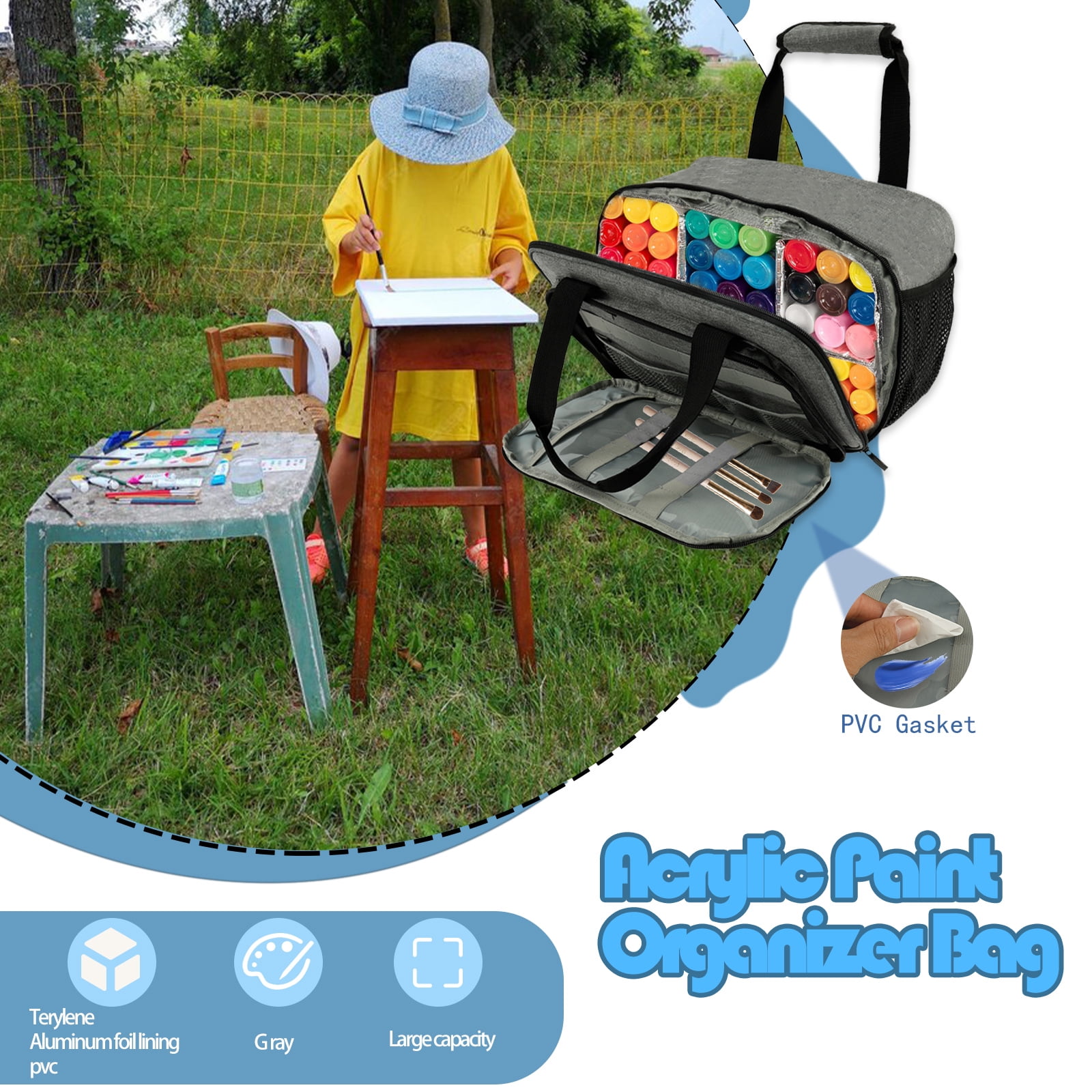 Acrylic Paint Organizer Bag Polyester Craft Paint Organizer with Aluminum Foil Liner Portable Art Supply Storage Case with Handle Strap for Paint Brushes Palette Board