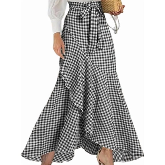 Women'S Retro Plaid Maxi Skirt A Line Pleated Flared Elastic High Waisted Gingham Summer Swing Long Skirt Black XL