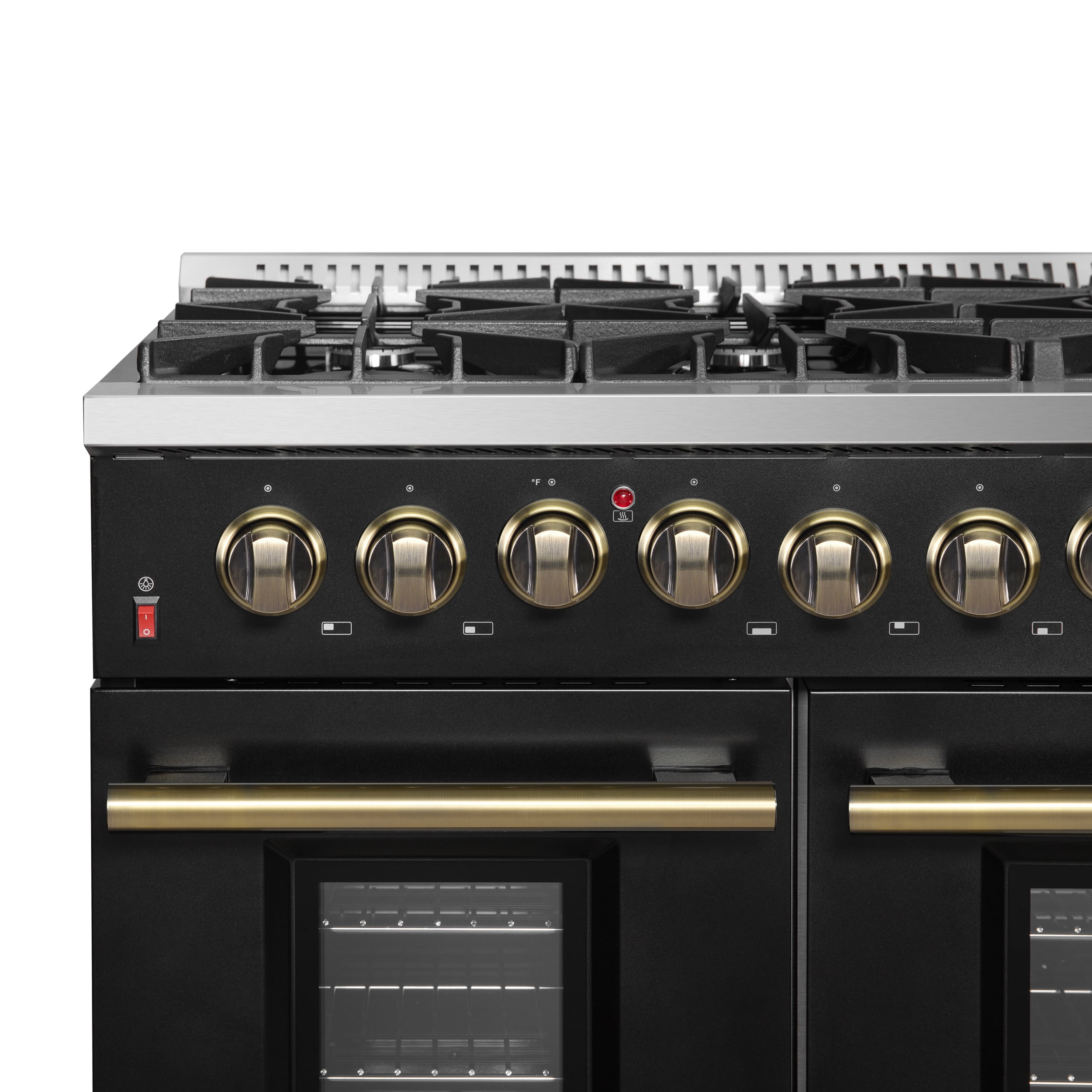 Galiano 48-inch Dual Fuel Range Black  Antique Brass Design with 8 Sealed Burners 107,000 BTU, 6.58 cu. ft. double ovens  Griddle