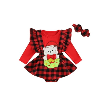 

Newborn Girl Christmas Outfit Ruffle Suspender Dress Baby Plaid Cartoon Embroidery Romper+Headband