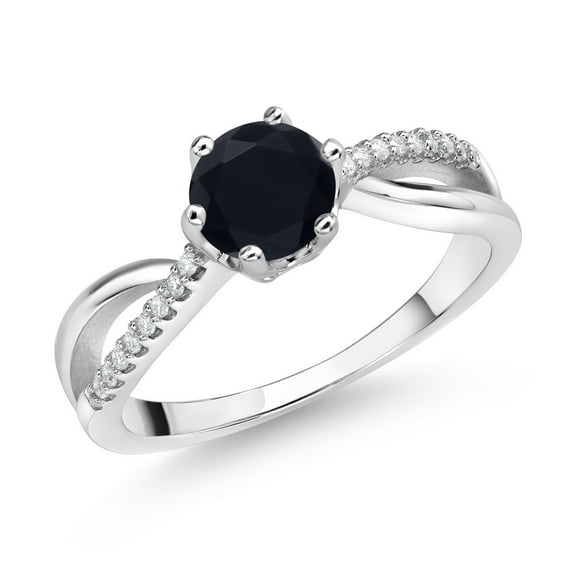 Gem Stone King 0.88 Cttw Round Onyx and White Moissanite Ring for Women | 925 Sterling Silver | Gemstone Birthstone | Wedding Engagement Anniversary Promise Ring for Women