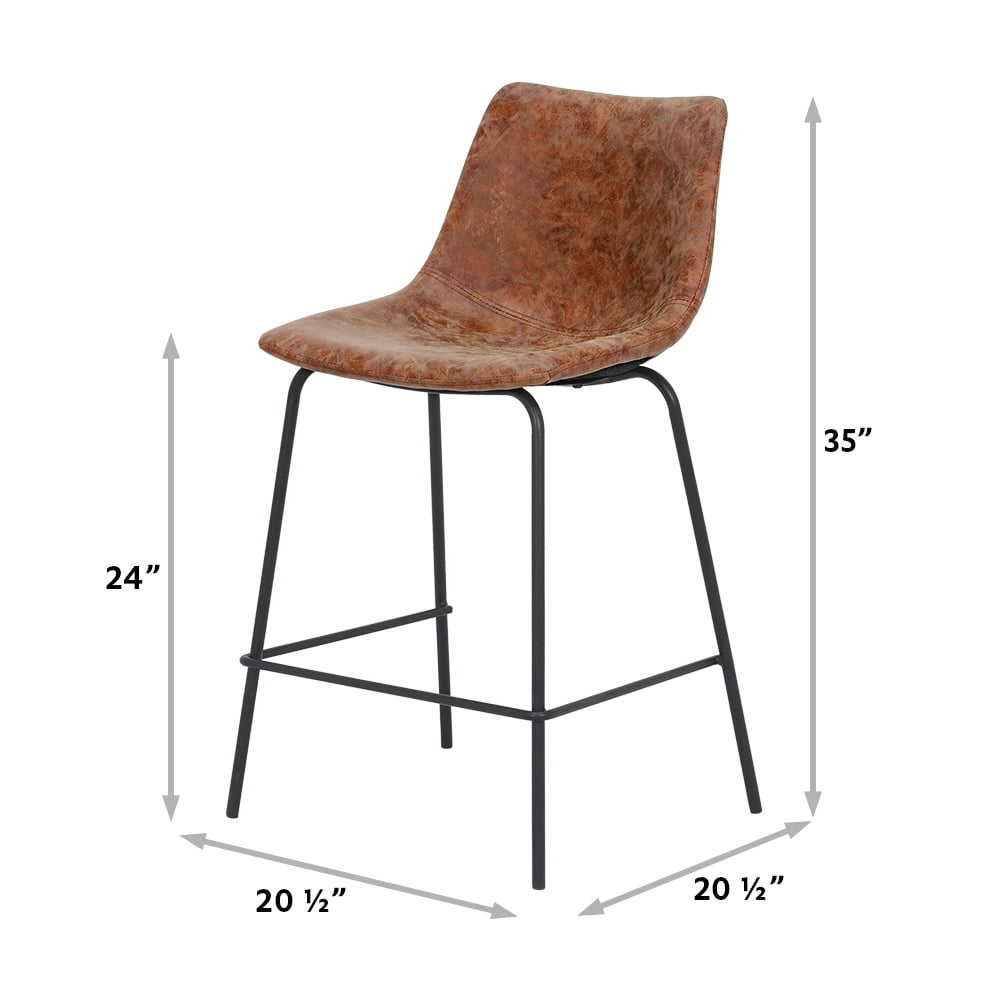Abble 24 inch Bar Stools Set of 2, Faux Leather Upholstered Low Back Kitchen Counter Height Stools with Sled Base, Floor-Scratch Protection,  Camel