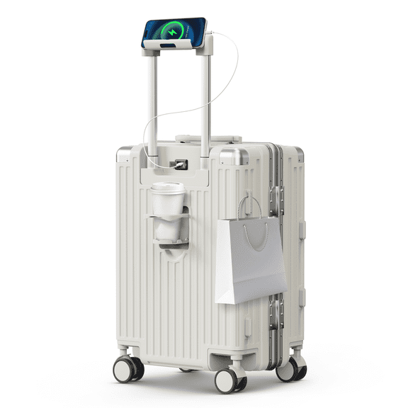20in Carry on Luggage, Zipperless Aluminum Frame PC Hard Shell Luggage with 360 Spinner Wheels,TSA Lock,for Travel,White