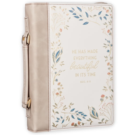 Christian Art Gifts Fashion Premium Vegan Leather Inspirational Bible Cover for Women: Everything Beautiful Encouraging Golden Bible Verse, Pen Loops, Pockets, Taupe & White Multicolor Floral, XL