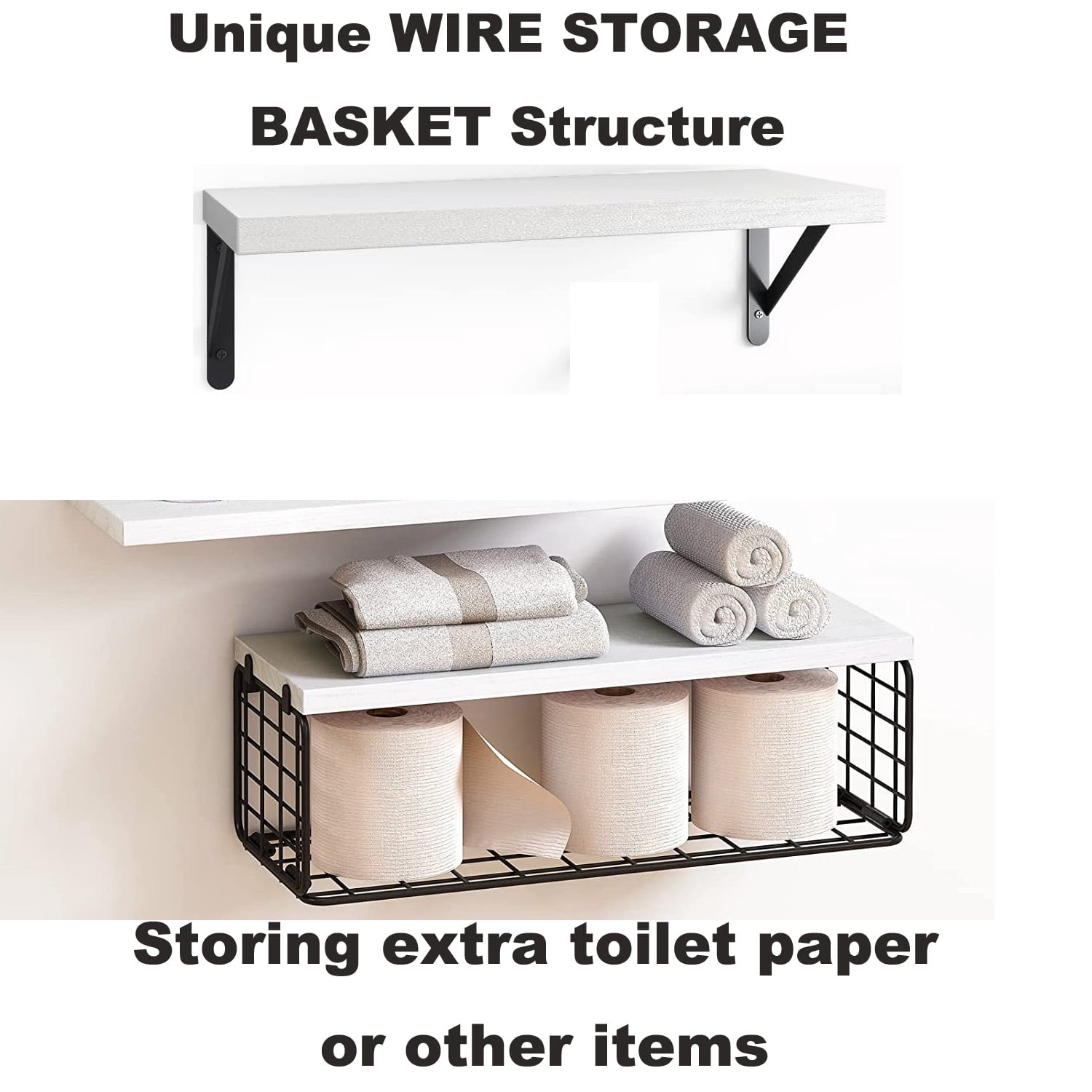16" Wall-Mounted Floating Shelves W/Triangle Bracket & Frame, Rustic Decor Set of 2+1 White Wood Storage Shelf for Livingroom Kitchen Bedroom, Bathroom Shelves Over The Toilet