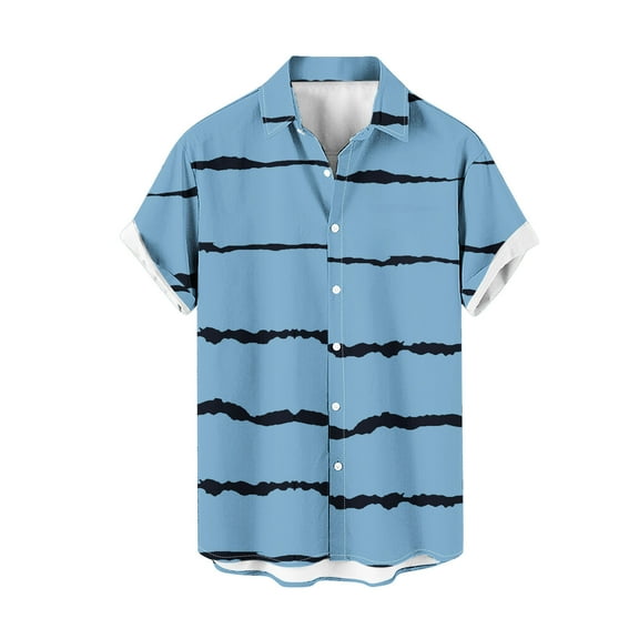 Penkiiy Hawaiian Bowling Shirts for Men Short Sleeve Stripe Printing Regular Fit Summer Beach Casual Button Down Aloha Shirts S Blue