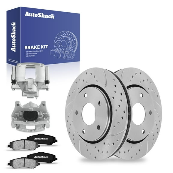 AutoShack Front Drilled & Slotted Brake Rotors Ceramic Brake Pads Calipers | Replacement for 2009-2011 Dodge Journey 2.4L 3.5L 3.6L V6 AWD FWD | Silver Zinc Coated | 8-PC Brake Kit | SilverShield Pro