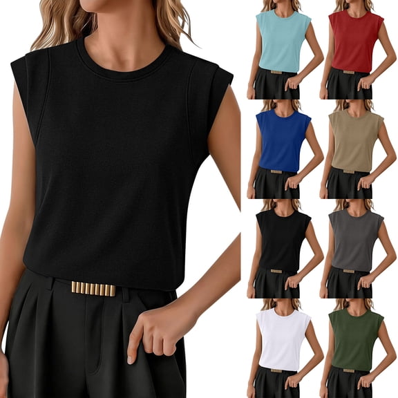 Vhkiploz Summer Tank Tops for Women Shoulder Pad Sleeveless Crew Neck Tunics Blouse Business Work Vacation Casual Loose Camisole Shirts Black L