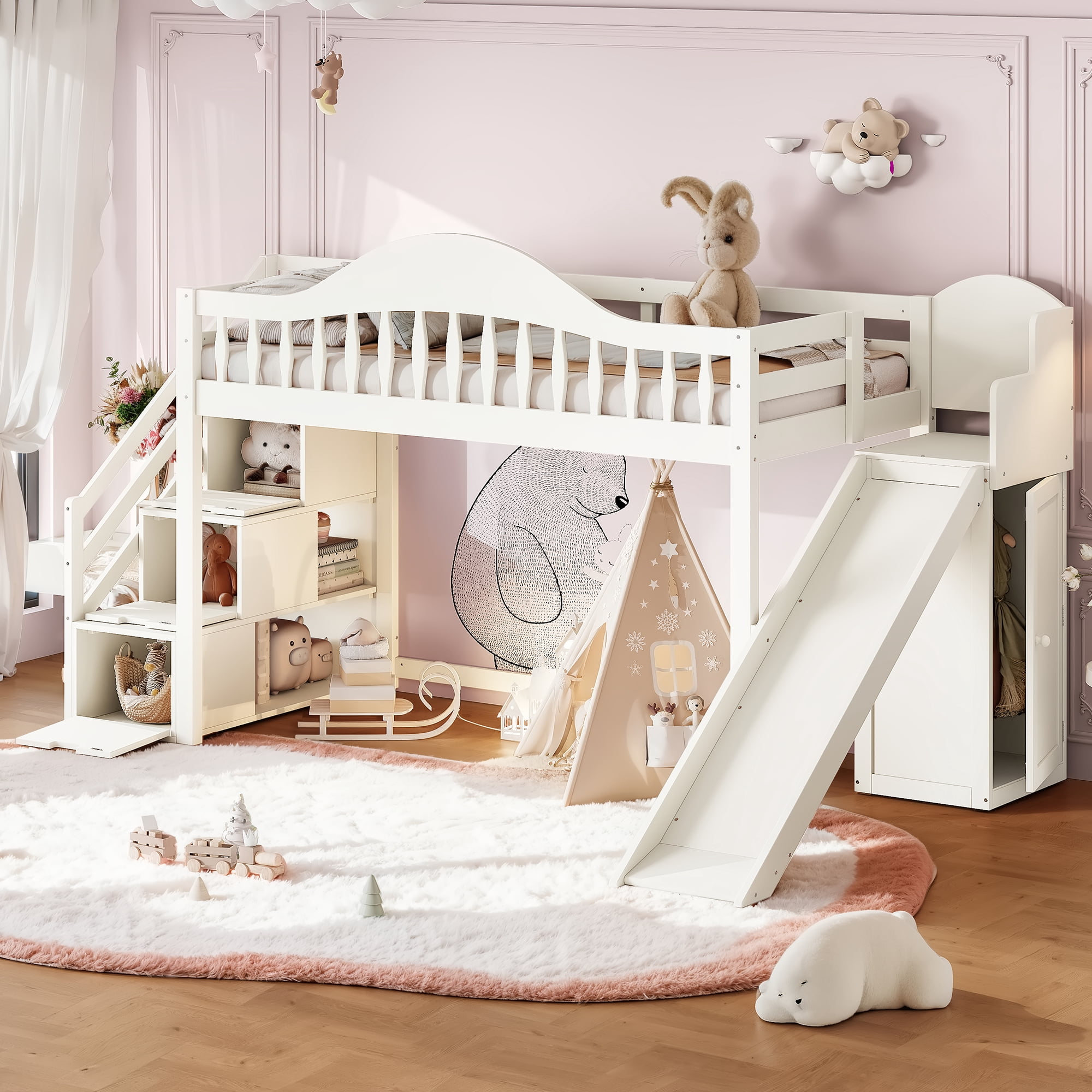Leumius Twin Size Loft Bed with Storage Stairs, Slide & Built-in Wardrobe,Soild Wood Loft Bed Frame with High Guardrail,Beige